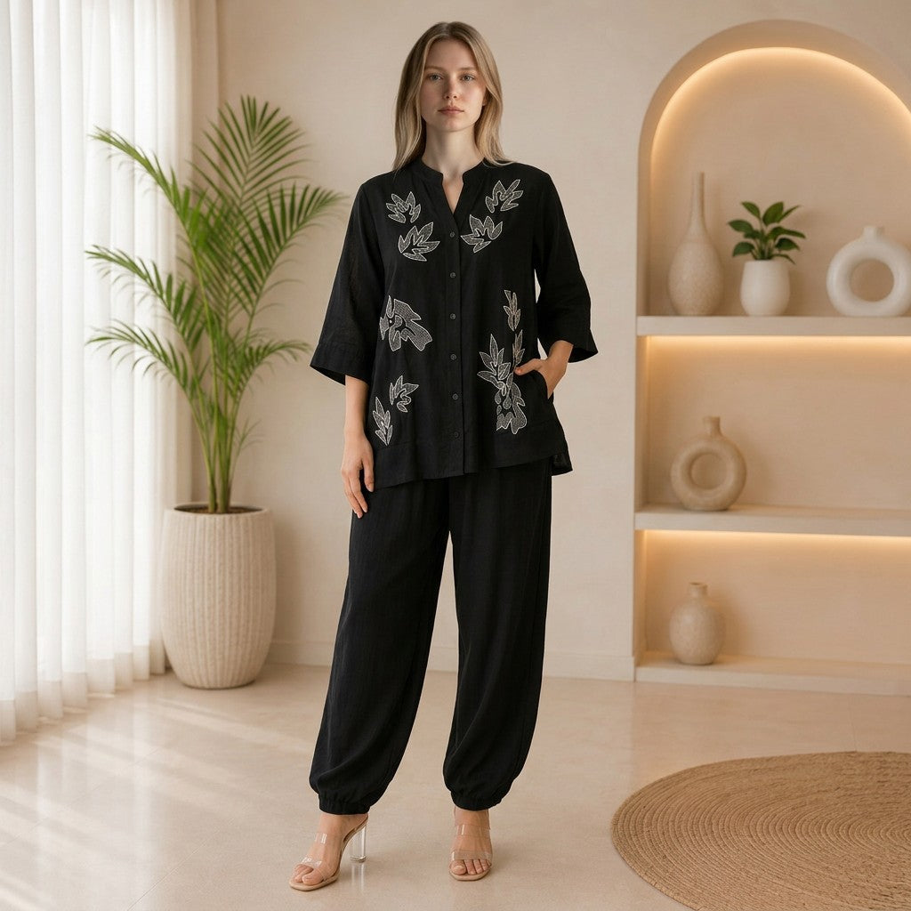 Black Embroidered Cotton Linen Co-Ord Set for Women