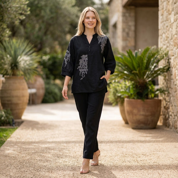 Deep Teal Green Embroidered Cotton Linen Tunic Set for Women
