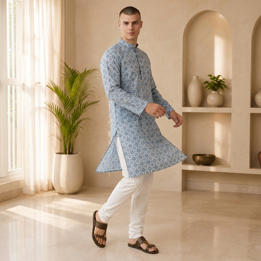 Sky Blue Printed Polyester Kurta for Men