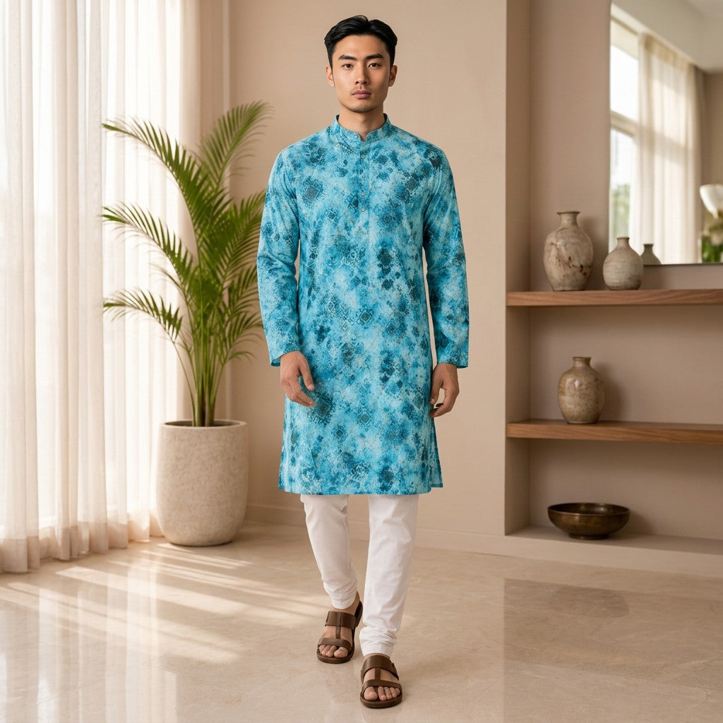 Turquoise Blue Printed Polyester Kurta for Men
