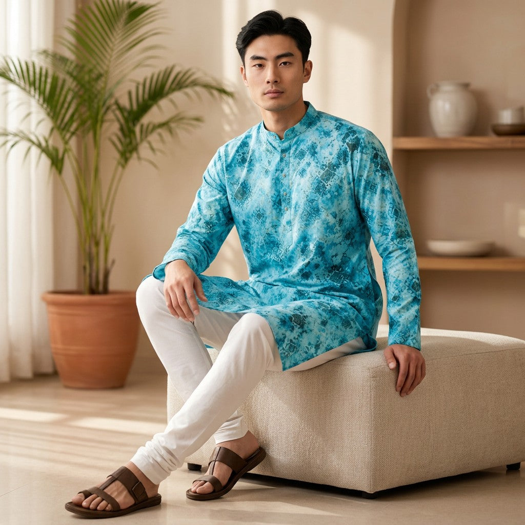Turquoise Blue Printed Polyester Kurta for Men