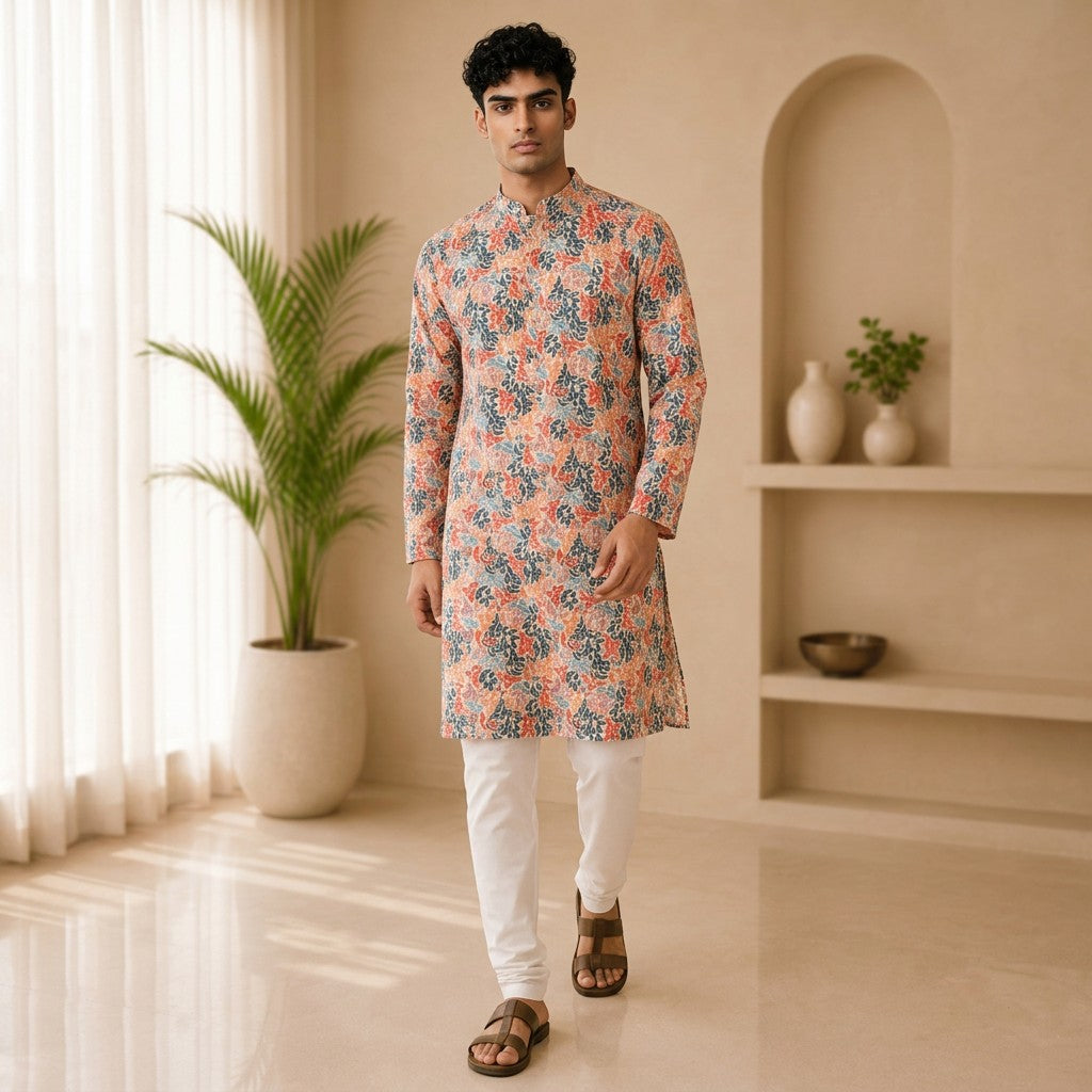 Men's Multicolor Floral Printed Polyester Kurta