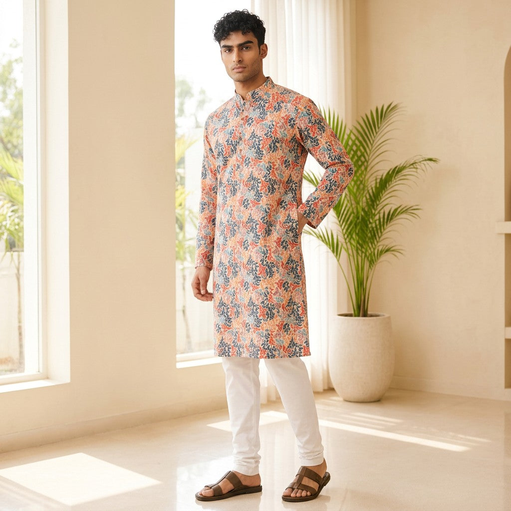Men's Multicolor Floral Printed Polyester Kurta
