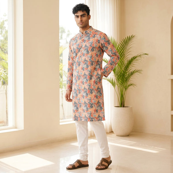 Men's Multicolor Floral Printed Polyester Kurta