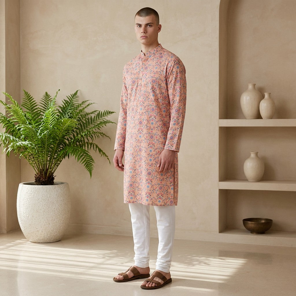 Men's Peach Floral Printed Polyester Kurta