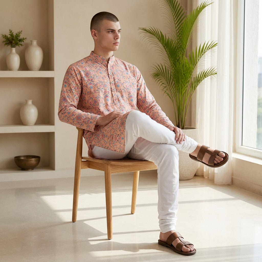 Men's Peach Floral Printed Polyester Kurta