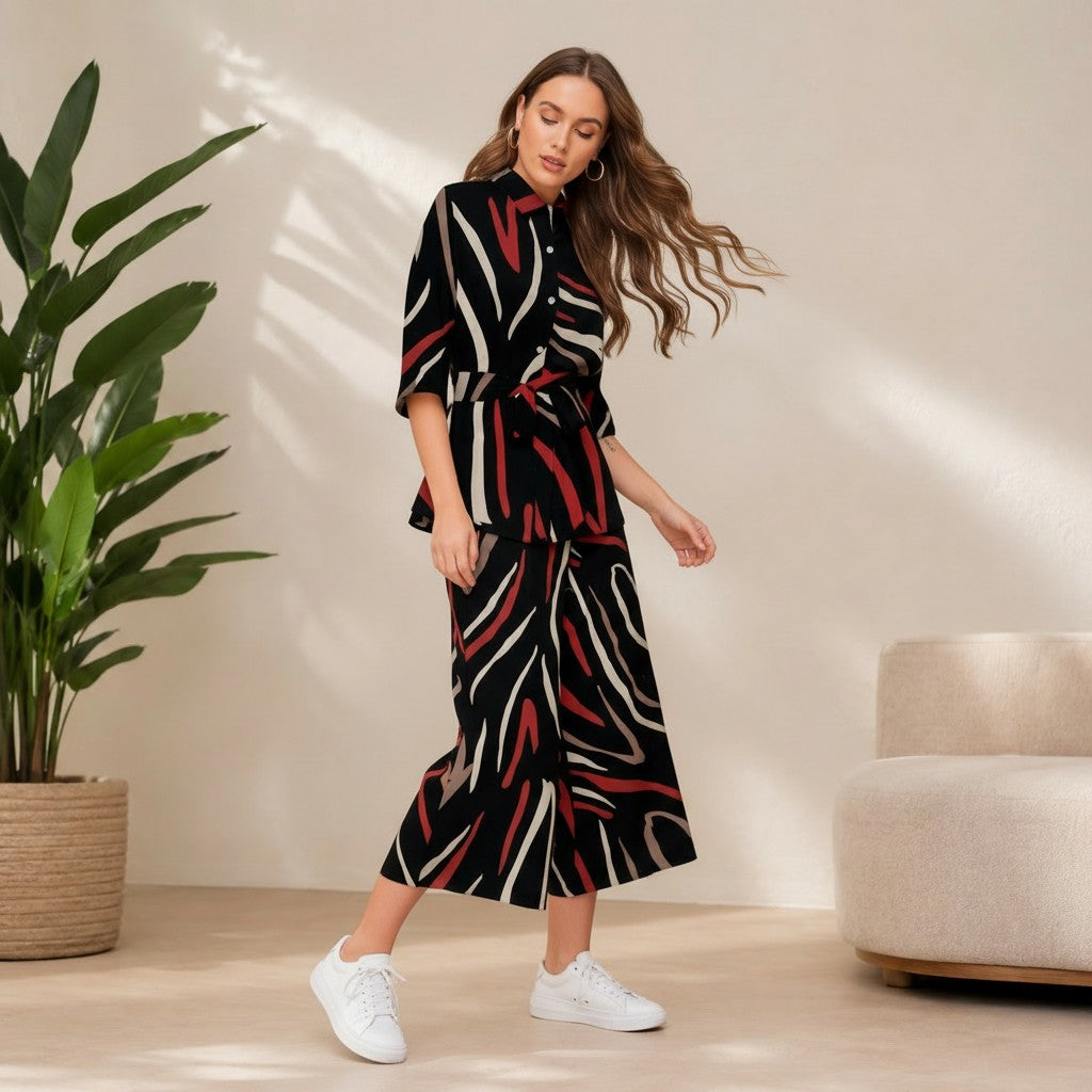 Black Abstract Print Shirt & Wide-Leg Co-Ord Set