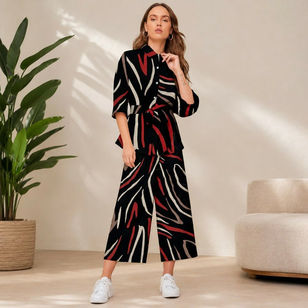 Black Abstract Print Shirt & Wide-Leg Co-Ord Set