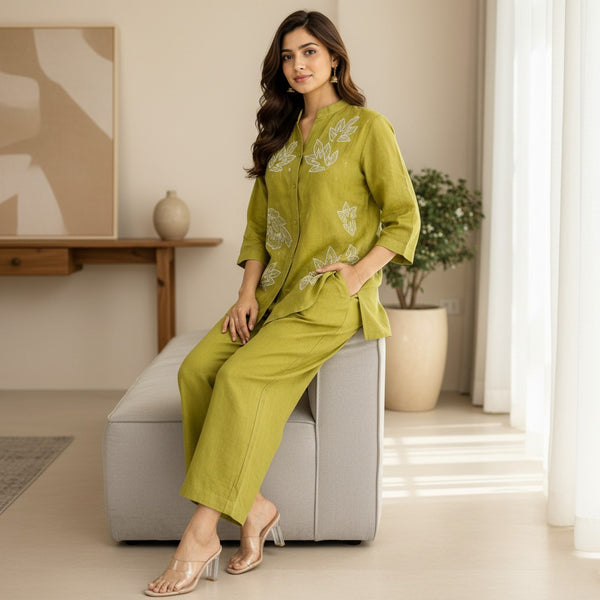 Olive Green Embroidered Cotton Linen Co-Ord Set for Women
