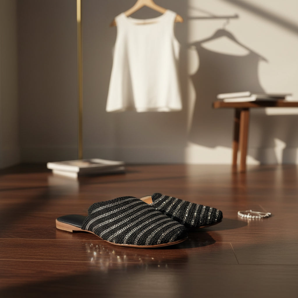 Rhinestone Flat-Dressy flat with alternating rows of braid and crystals.