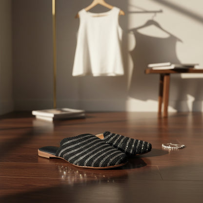 Rhinestone Flat-Dressy flat with alternating rows of braid and crystals.