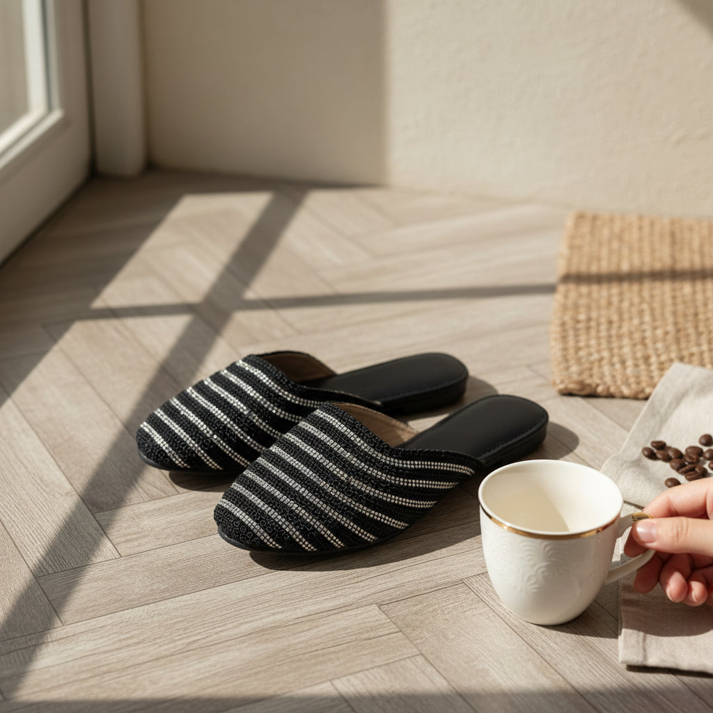 Rhinestone Flat-Dressy flat with alternating rows of braid and crystals.