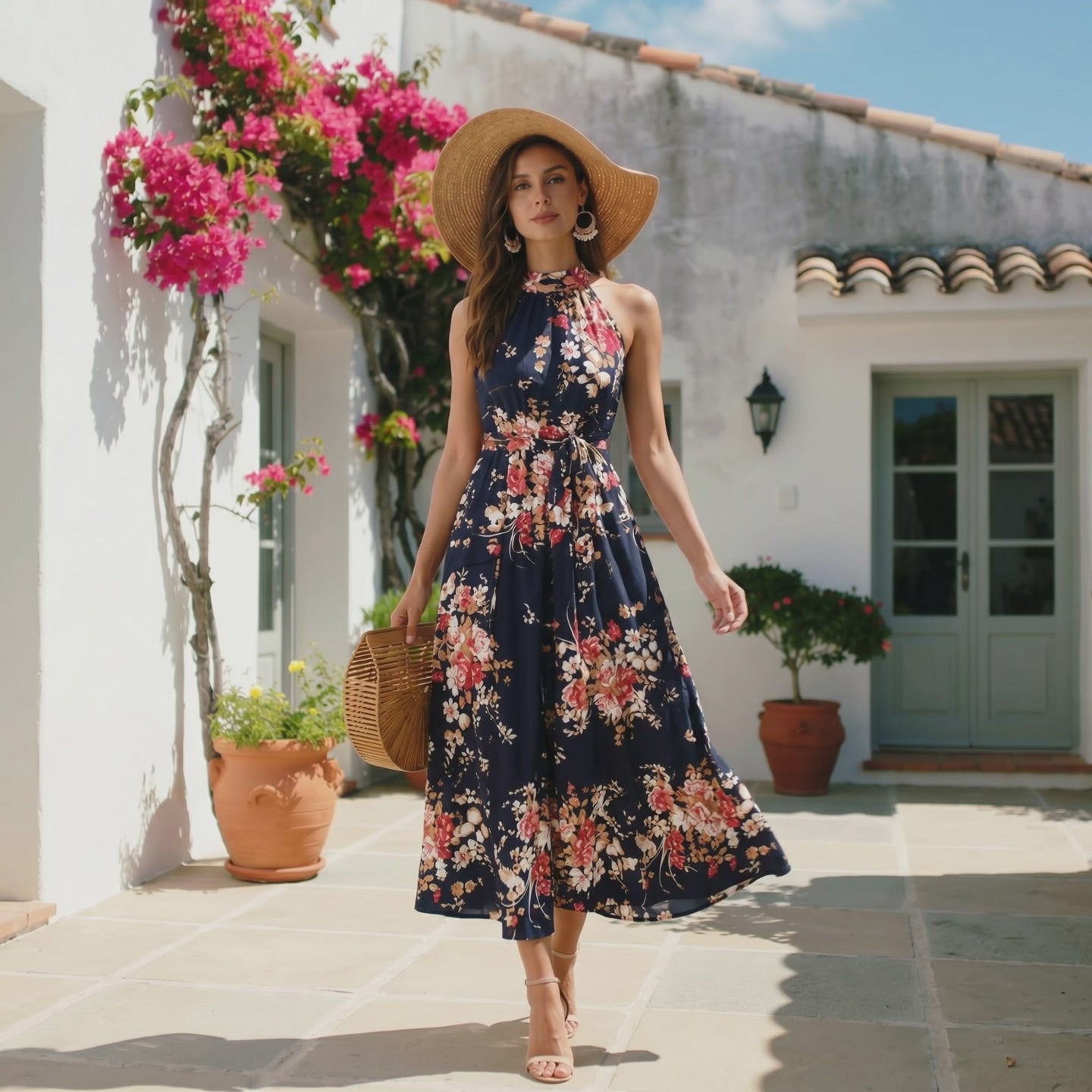 Midnight Navy Floral Halter Neck Maxi Dress