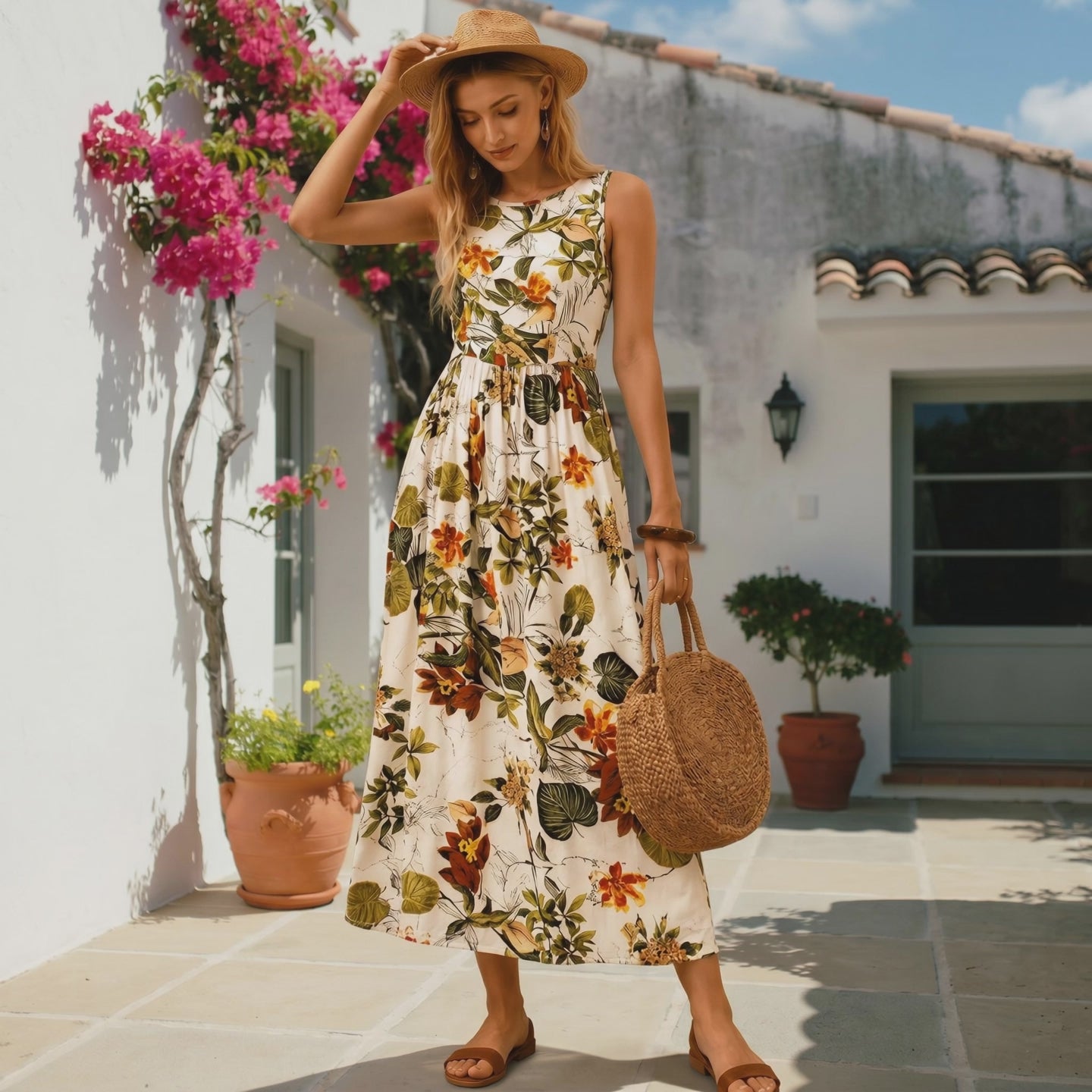 Ivory Tropical Floral Sleeveless Maxi Dress