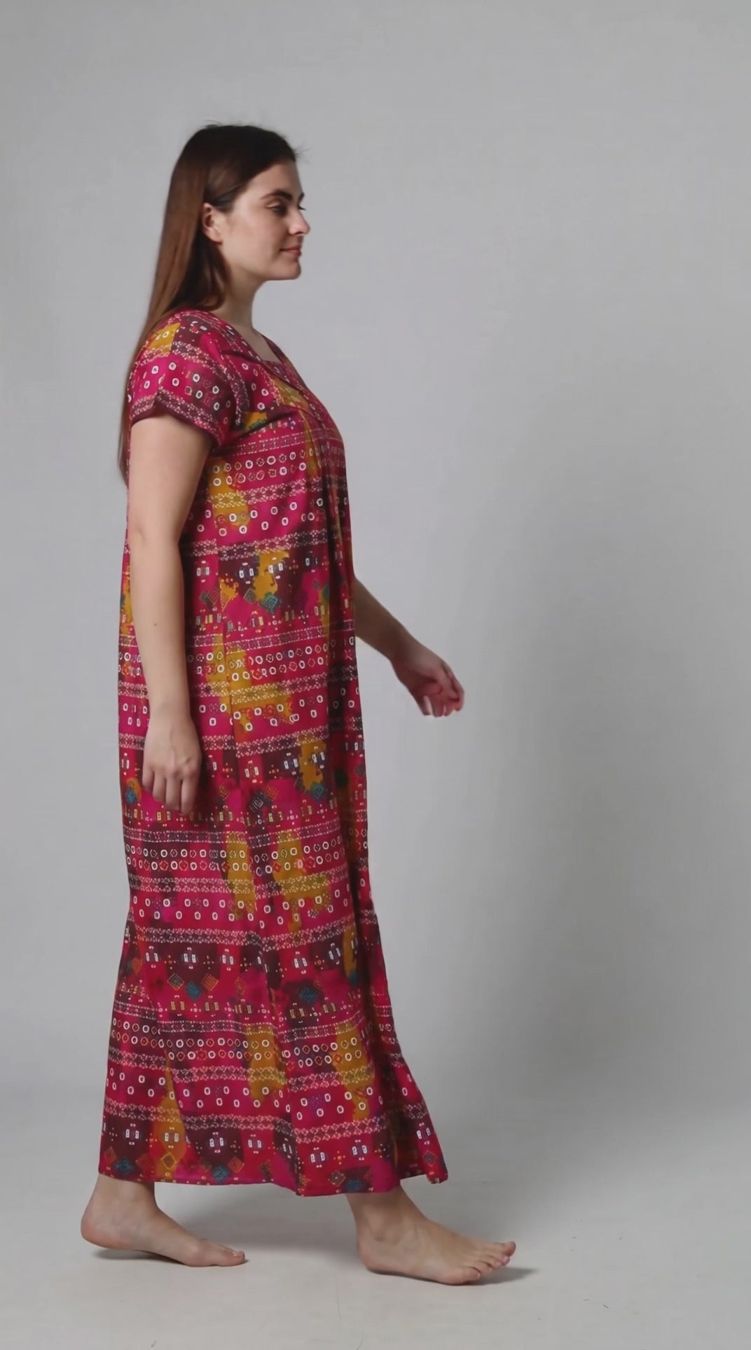 Elegant maroon printed cotton nightdress featuring a relaxed full-length silhouette for effortless comfort and everyday style.