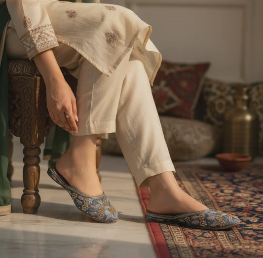 Beaded Mule-Formal closed-toe mule with heavy metallic beadwork.