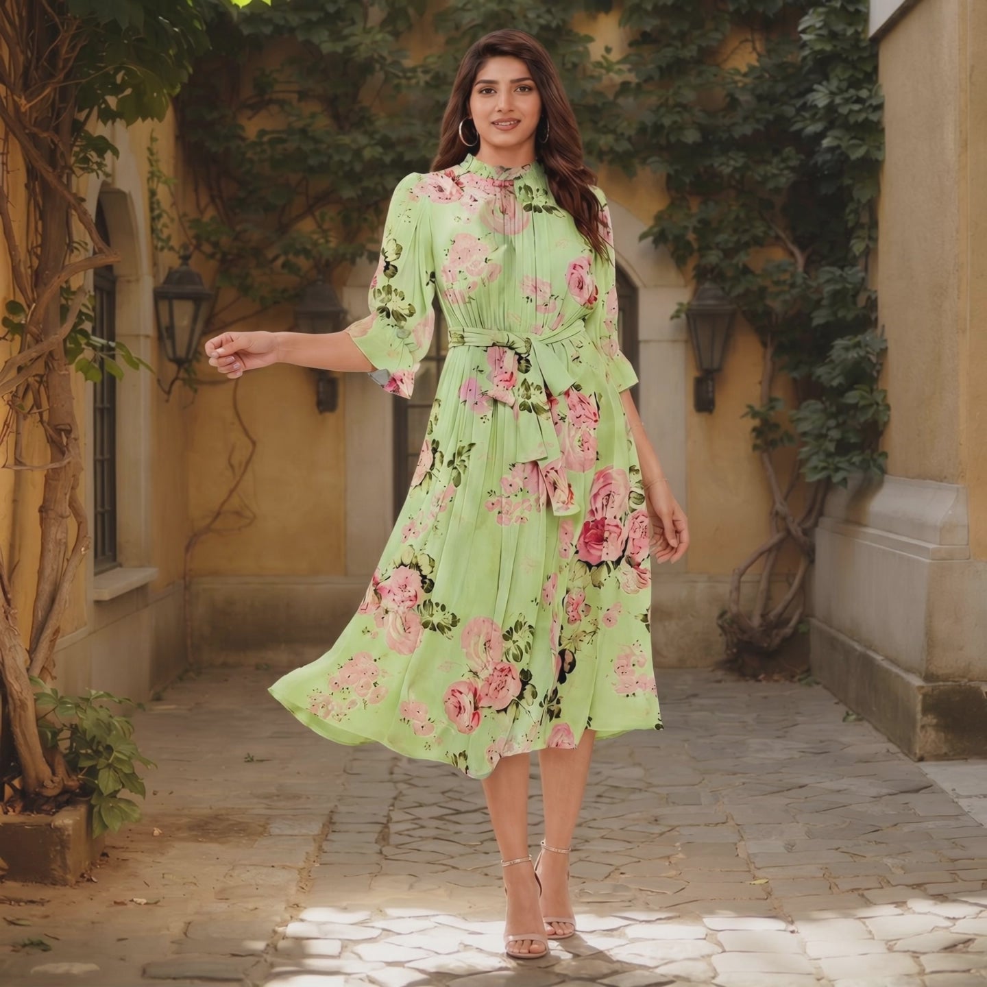 Mint Green Floral Belted Midi Dress