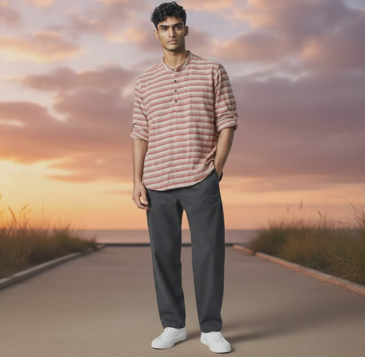 Linen Cotton Striped Half Kurta