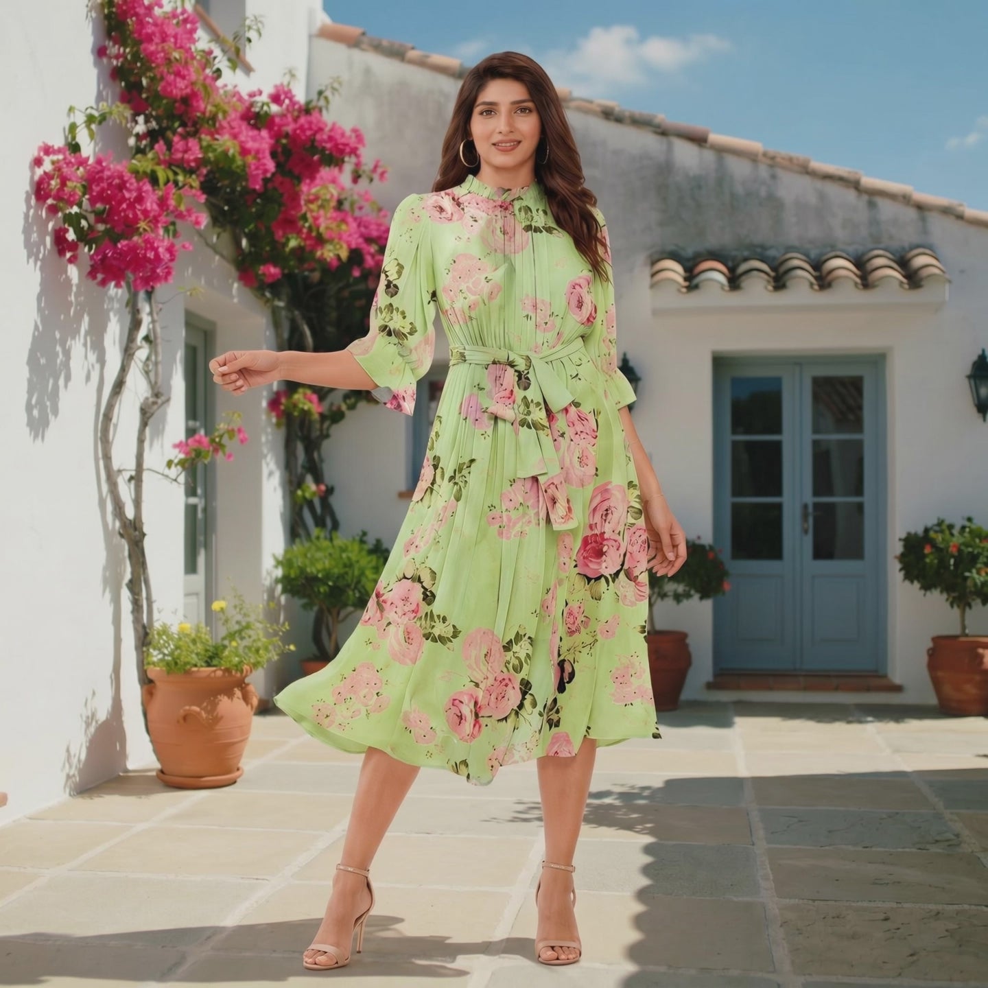 Mint Green Floral Belted Midi Dress