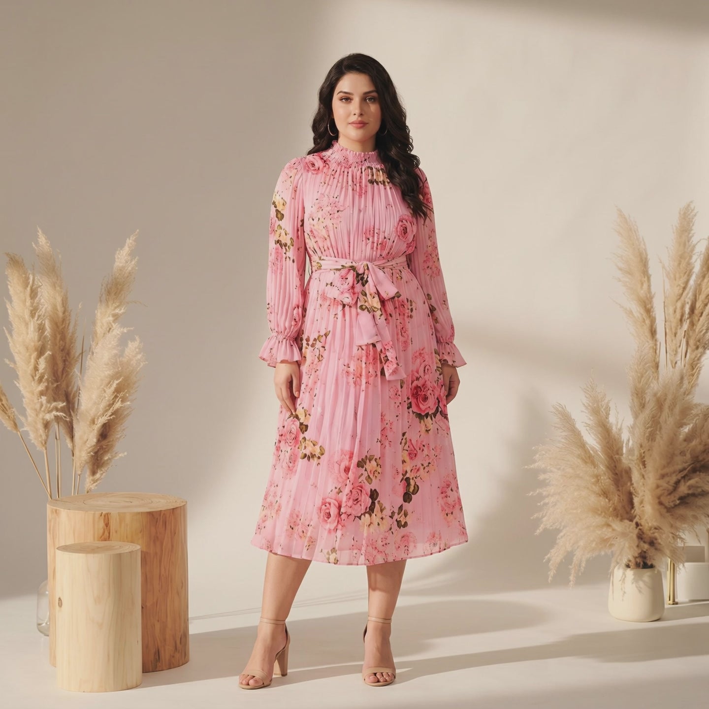 Blush Pink Floral Belted Midi Dress