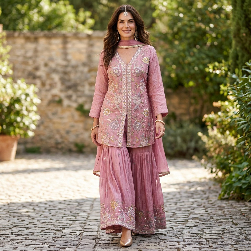 Blush Pink Embroidered Kurta Set with Sharara & Dupatta