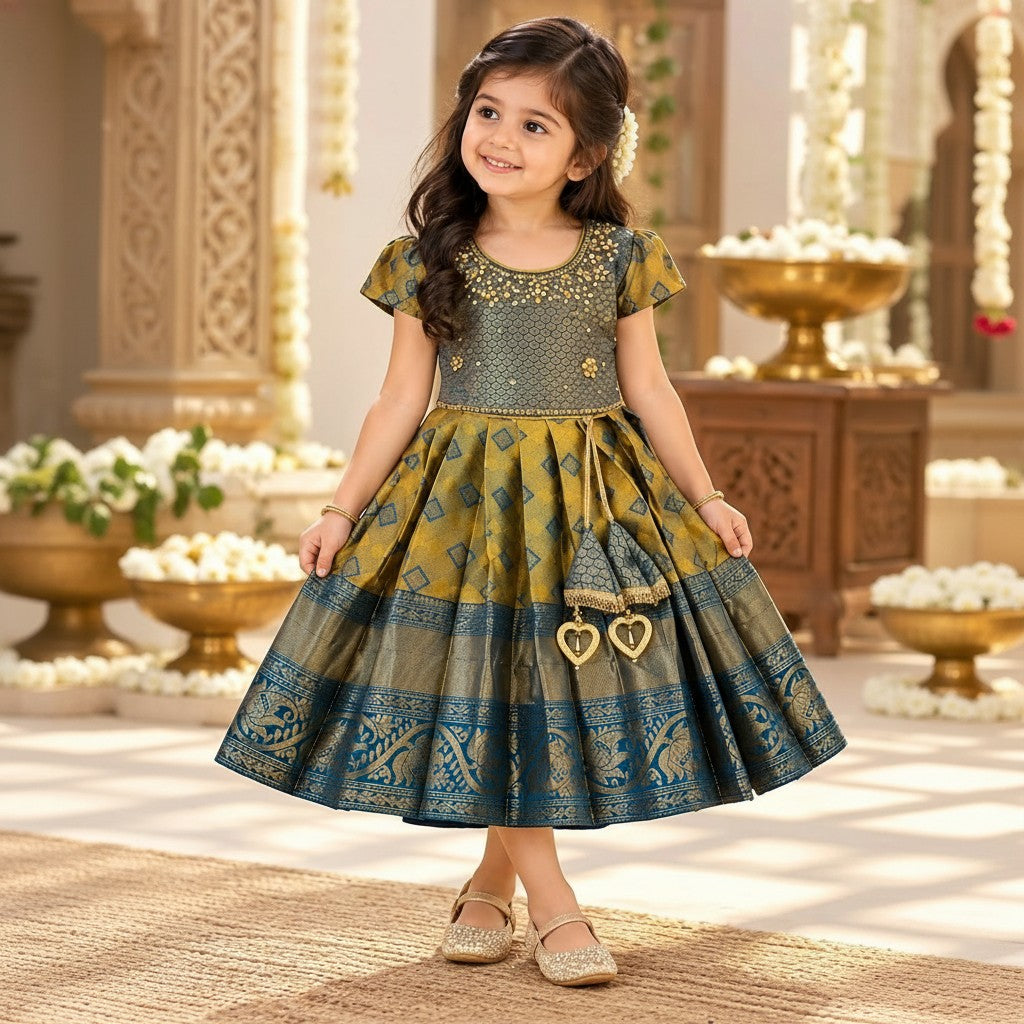 Olive Gold & Teal Traditional Kids Silk Frock