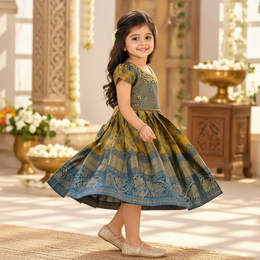 Olive Gold & Teal Traditional Kids Silk Frock