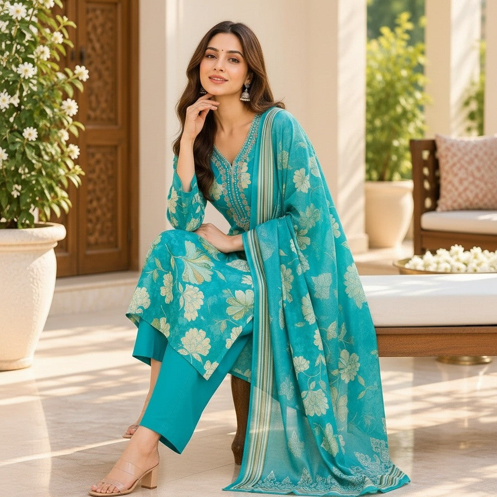 Teal Floral Embroidered Kurti Set