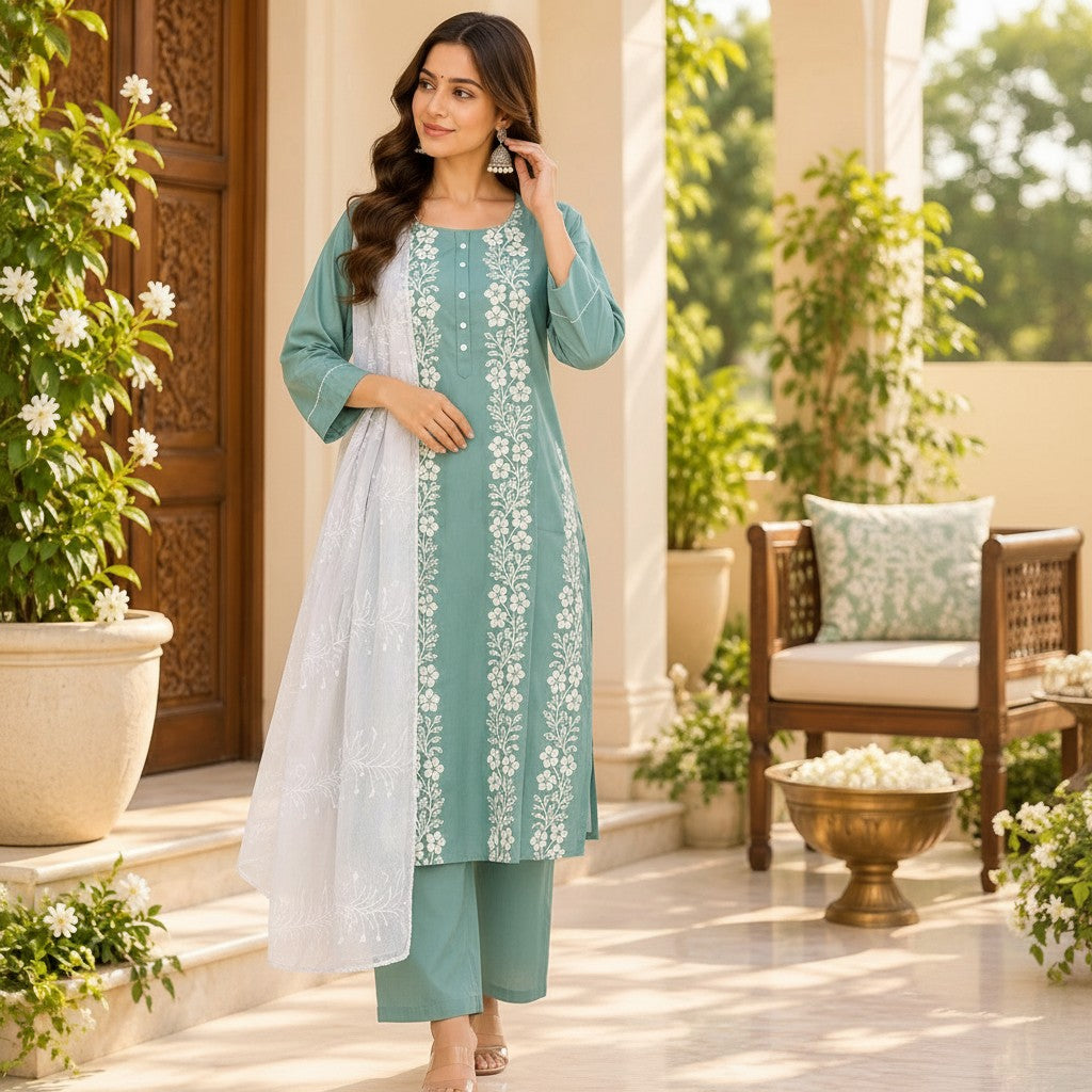 Sage Mist Floral Embroidered Kurti Set