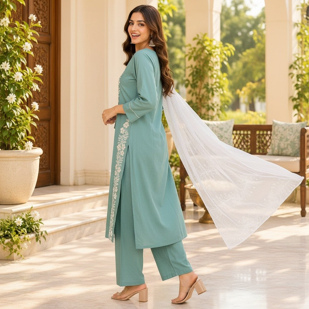 Sage Mist Floral Embroidered Kurti Set