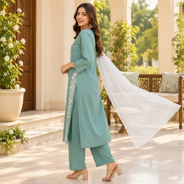 Sage Mist Floral Embroidered Kurti Set