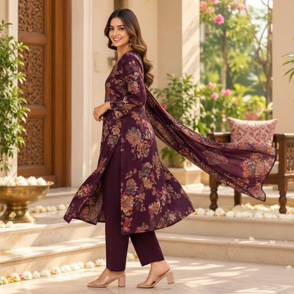 Plum Floral Printed Kurti Set
