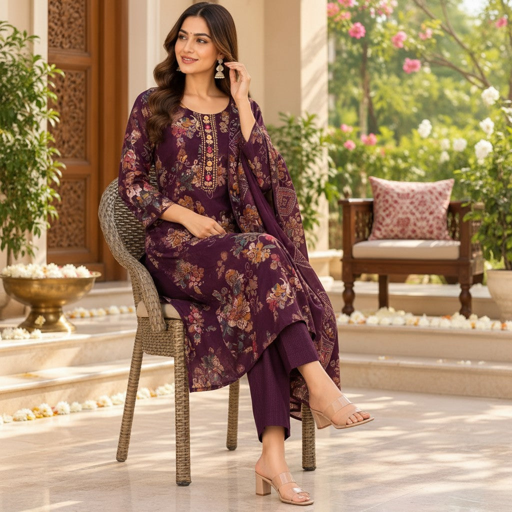 Plum Floral Printed Kurti Set
