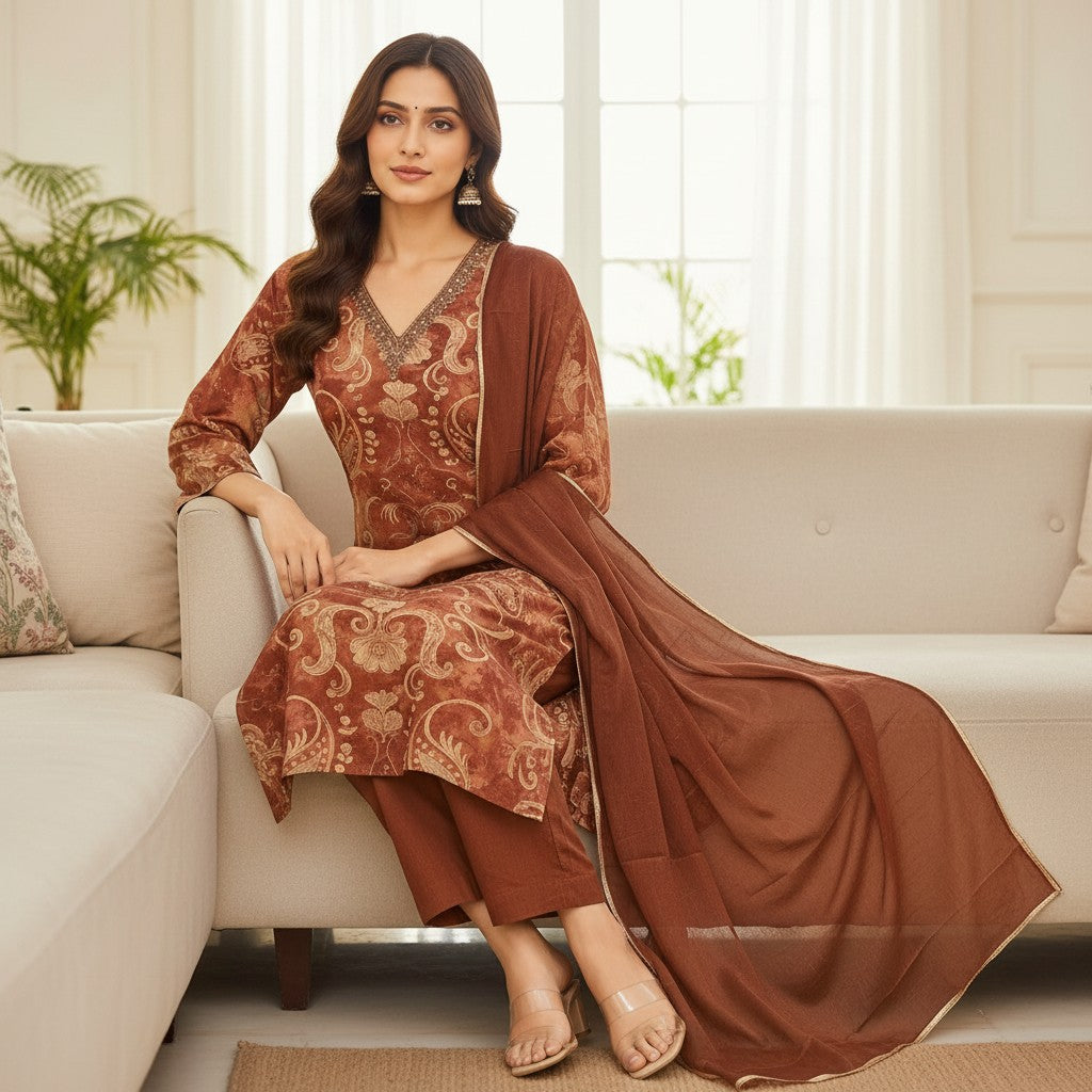 Rust Brown Floral Printed Kurti Set with Dupatta