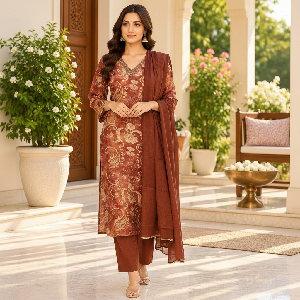 Rust Brown Floral Printed Kurti Set with Dupatta