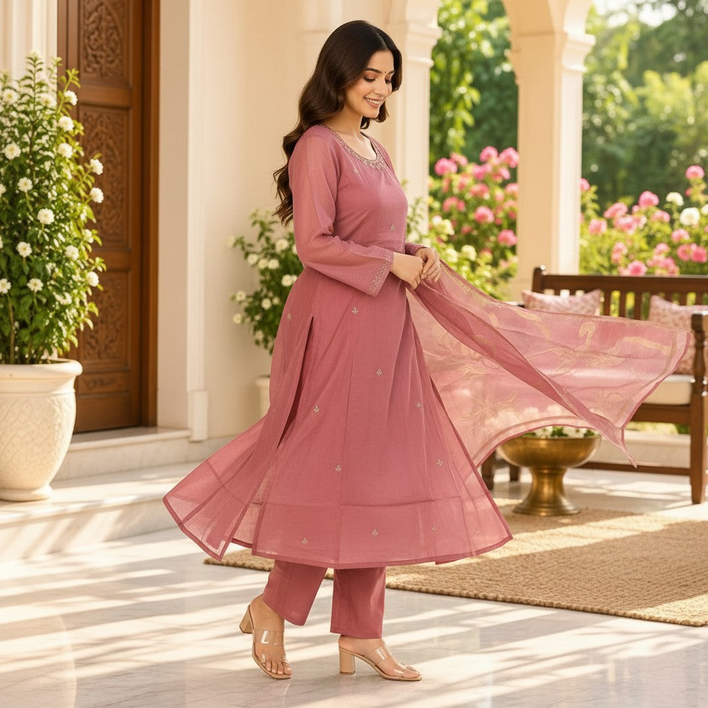 Dusty Rose Embroidered Kurta Set