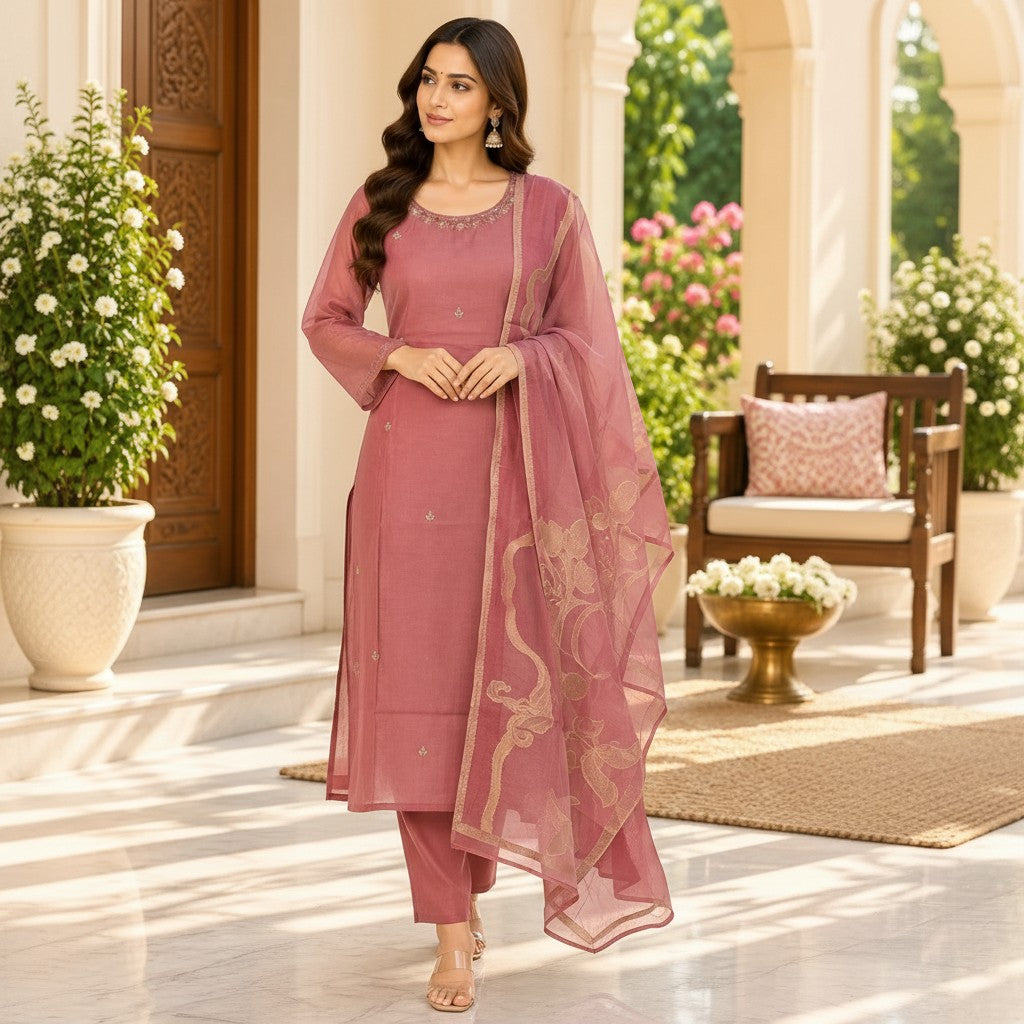 Dusty Rose Embroidered Kurta Set