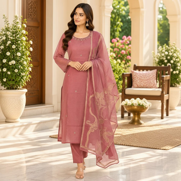 Dusty Rose Embroidered Kurta Set