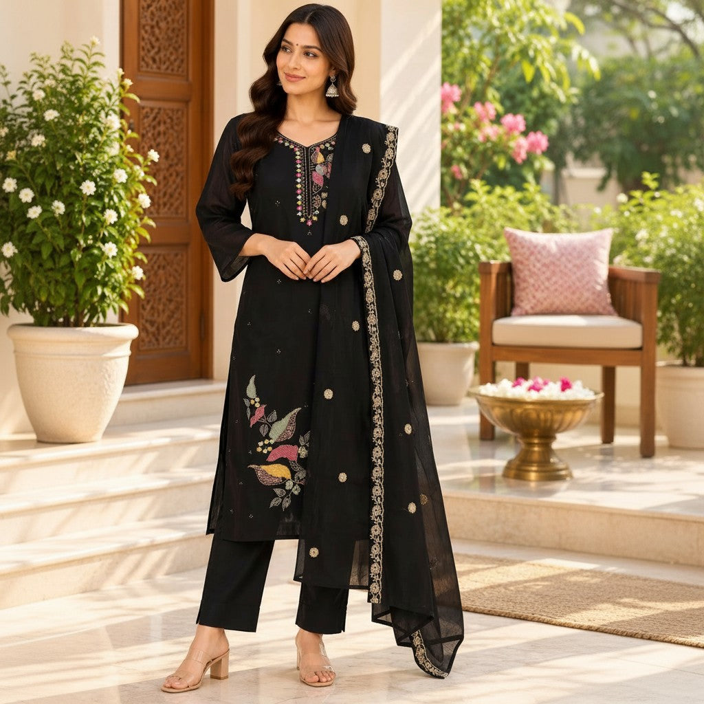 Black Floral Embroidered Kurta Set