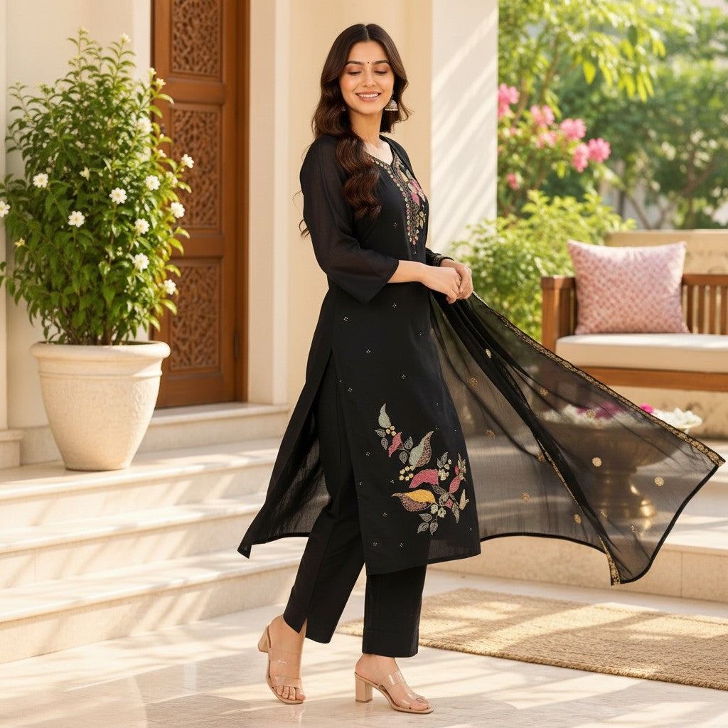 Black Floral Embroidered Kurta Set