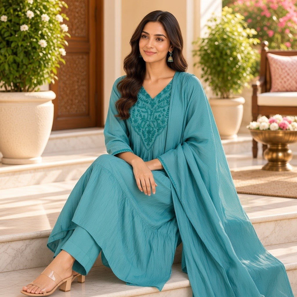 Teal Green Embroidered Anarkali Suit