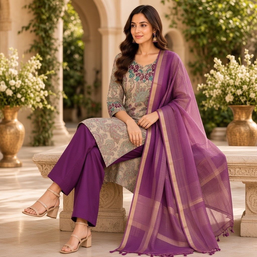 Elegant Floral Print Kurta Set with Purple Dupatta