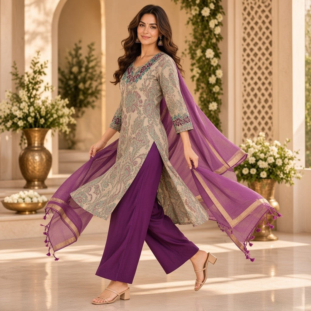 Elegant Floral Print Kurta Set with Purple Dupatta