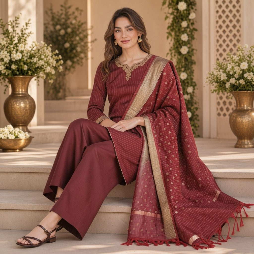 Elegant Maroon Printed Kurta Set with Designer Dupatta