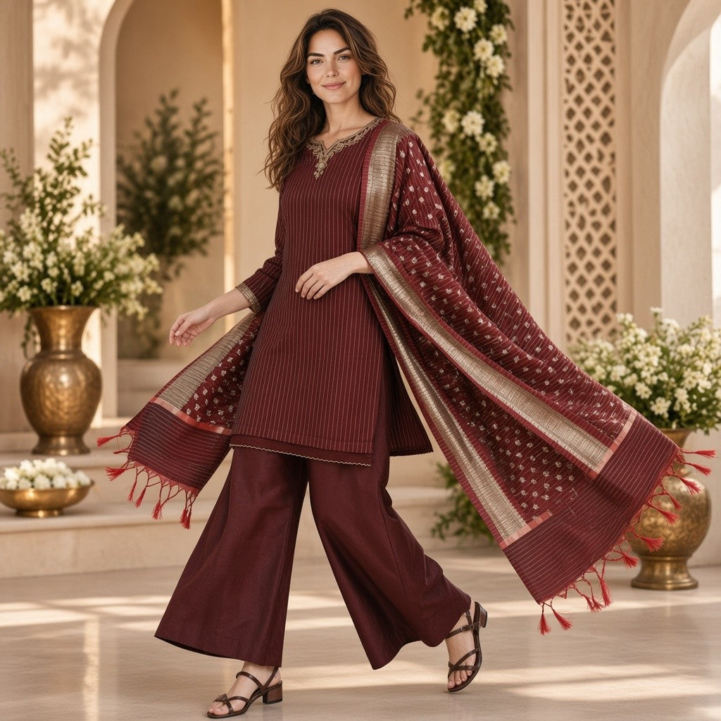 Elegant Maroon Printed Kurta Set with Designer Dupatta