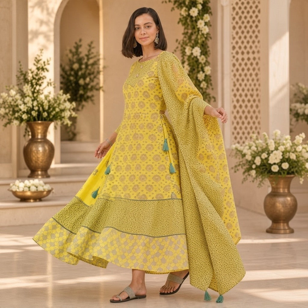 Elegant Yellow Printed Anarkali Kurta Set with Dupatta