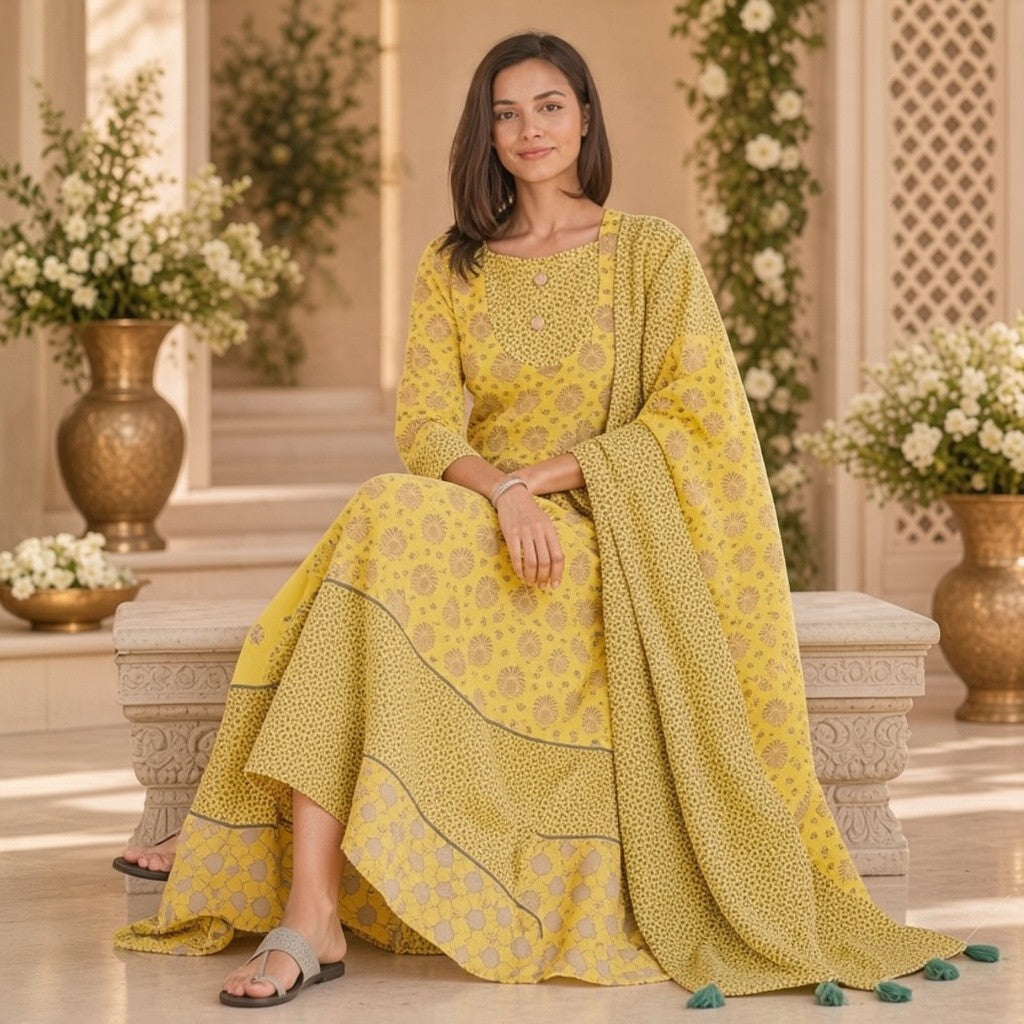 Elegant Yellow Printed Anarkali Kurta Set with Dupatta
