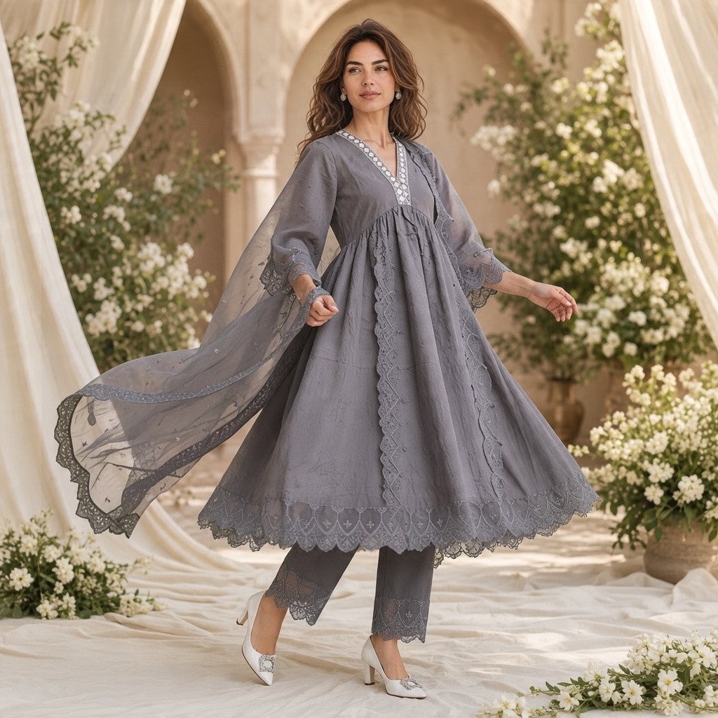 Elegant Grey Embroidered Anarkali Suit with Dupatta
