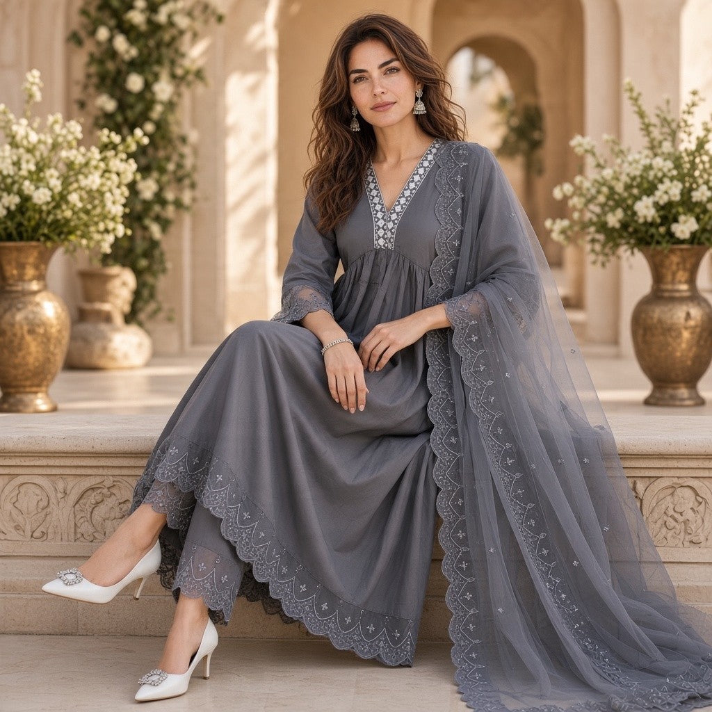 Elegant Grey Embroidered Anarkali Suit with Dupatta