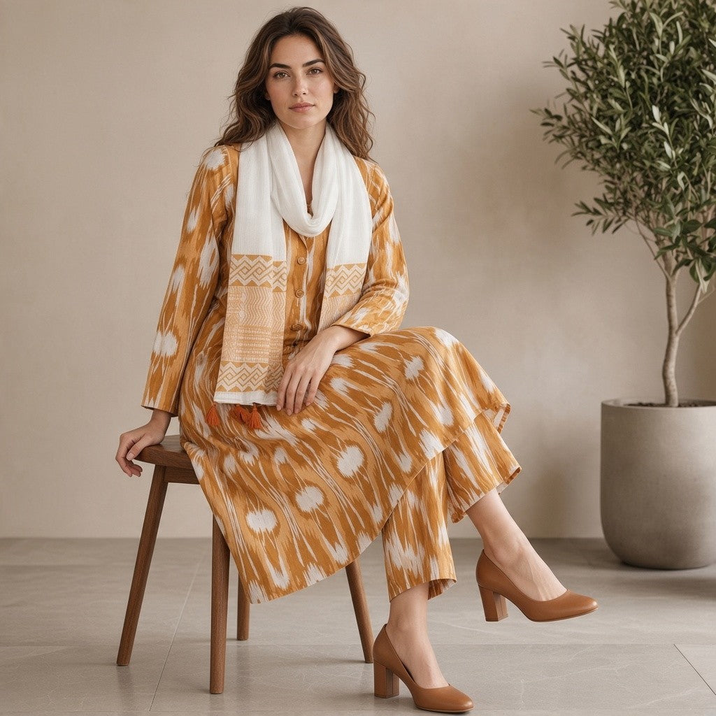 Mustard Ikat Print Anarkali Suit with Dupatta
